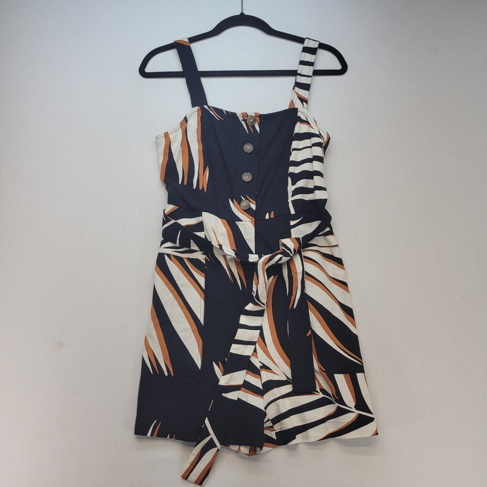 Nine West Romper Womens S Navy Orange Tropical Palm Leaf Tie Waist Sleeveless